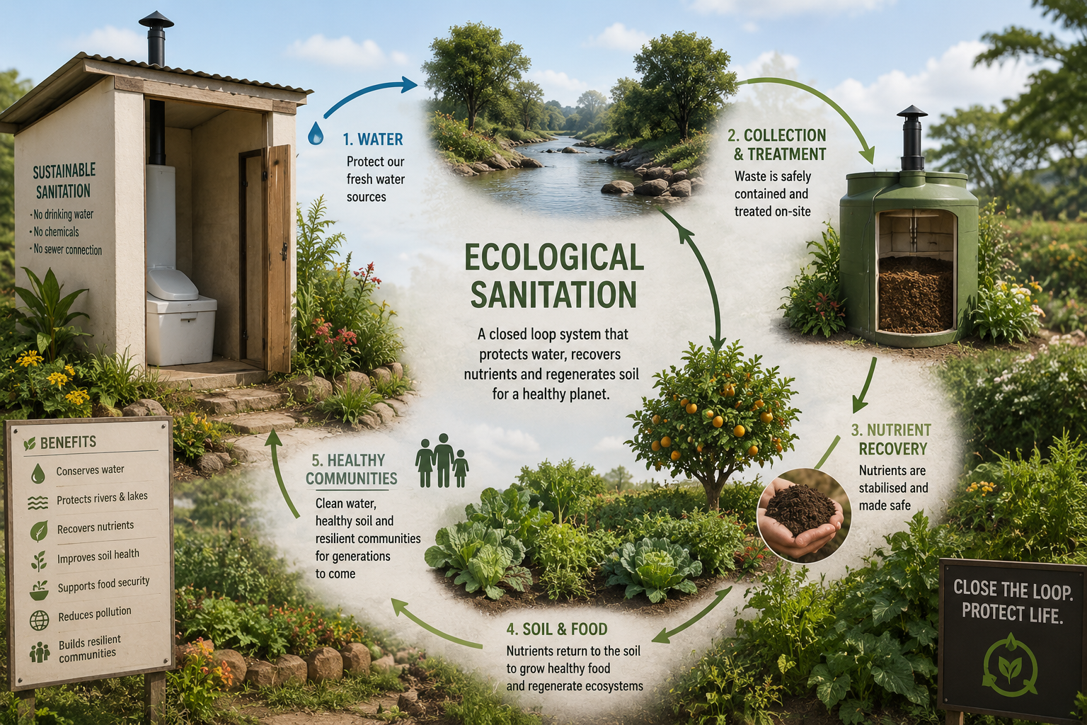 Ecological sanitation concept connecting water, nutrients and soil